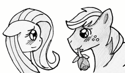 Size: 1368x798 | Tagged: safe, artist:littleovertures, big macintosh, fluttershy, earth pony, pegasus, pony, fluttermac, male, monochrome, rose, shipping, sketch, stallion, straight