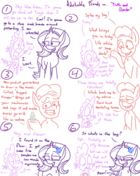 Size: 1280x1611 | Tagged: safe, artist:adorkabletwilightandfriends, spike, starlight glimmer, oc, oc:tony, dragon, earth pony, pony, unicorn, comic:adorkable twilight and friends, adorkable friends, cologne, comic, flower, flower in hair, humor, lineart, slice of life, store