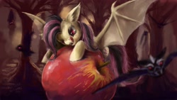 Size: 3000x1688 | Tagged: safe, artist:foxtailpegasus, fluttershy, bat, bat pony, pony, vampire fruit bat, bats!, apple, emoshy, flutterbat, giant apple, race swap, solo