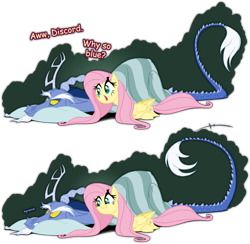 Size: 1354x1320 | Tagged: safe, artist:grievousfan, discord, fluttershy, draconequus, pegasus, pony, three's a crowd, annoyed, blanket, blue flu, dialogue, fangs, female, gritted teeth, looking at each other, male, mare, open mouth, pillow, prone, pun, scene parody, sick, simple background, smiling, teasing, transparent background