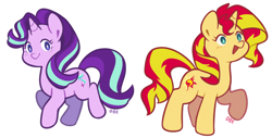 Size: 1024x521 | Tagged: safe, artist:nayobe, artist:obedaiya, starlight glimmer, sunset shimmer, pony, unicorn, cute, duo, female, glimmerbetes, looking at you, mare, shimmerbetes, simple background, white background