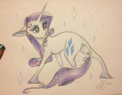 Size: 771x598 | Tagged: safe, artist:probablyfakeblonde, rarity, classical unicorn, pony, unicorn, female, floppy ears, fluffy, frown, leonine tail, looking back, mare, pencil drawing, raised eyebrow, simple background, solo, sparkles, traditional art, unshorn fetlocks, white background