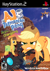 Size: 706x1000 | Tagged: safe, artist:nickyv917, applejack, caramel, changeling, earth pony, pony, 1000 hours in ms paint, game cover, ms paint, parody, ty the tasmanian tiger, ty the tasmanian tiger 3: night of the quinkan