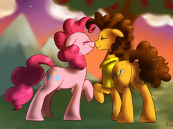 Size: 2001x1500 | Tagged: safe, artist:crade, cheese sandwich, pinkie pie, earth pony, pony, blushing, boop, cheesepie, cute, eyes closed, female, floppy ears, male, noseboop, plot, raised hoof, shipping, smiling, standing, straight, sunset