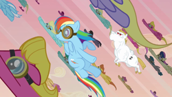 Size: 1280x720 | Tagged: safe, derpibooru import, screencap, bons away, bulk biceps, dizzy twister, lightning bolt, orange swirl, rainbow dash, rainbow swoop, spectrum, warm front, white lightning, pegasus, pony, hurricane fluttershy, dewdrop, female, flying, goggles, male, mare, speed lines, stallion