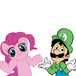 Size: 767x767 | Tagged: safe, artist:kevinbolk, pinkie pie, earth pony, pony, :i, it sucks to be weegie, looking at you, luigi, meme, shrug, shrugpony, super mario bros.