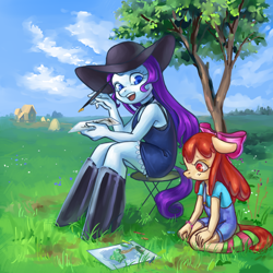 Size: 900x900 | Tagged: safe, artist:ilanta, apple bloom, rarity, anthro, clothes, drawing, dress, hat