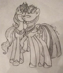 Size: 2226x2567 | Tagged: safe, artist:erenerakhard, derpibooru exclusive, sunset shimmer, twilight sparkle, twilight sparkle (alicorn), alicorn, pony, alicornified, female, lesbian, race swap, shimmercorn, shipping, sunsetsparkle, traditional art