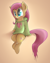 Size: 3046x3833 | Tagged: safe, artist:slackerthehacker, fluttershy, pegasus, pony, blushing, bottomless, clothes, heart, hoodie, partial nudity, sitting, solo, sweater, sweatershy