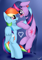 Size: 2480x3507 | Tagged: safe, artist:twidasher, derpibooru import, rainbow dash, twilight sparkle, pegasus, pony, unicorn, blushing, crying, female, lesbian, looking at each other, mare, shipping, smiling, tears of joy, twidash