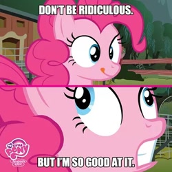 Size: 480x480 | Tagged: safe, screencap, pinkie pie, earth pony, pony, filli vanilli, derp, facebook, image macro, meme, my little pony logo, official, solo