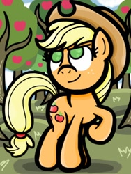 Size: 768x1024 | Tagged: safe, artist:alcoconut, applejack, earth pony, pony, looking up, orchard, raised hoof, solo, tree