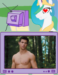 Size: 580x749 | Tagged: safe, princess celestia, human, background pony strikes again, exploitable meme, heart eyes, jacob black, meme, obligatory pony, op is a cuck, op is trying to start shit, taylor lautner, tv meme, twilight (series)