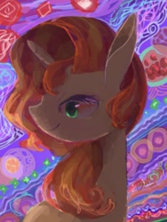 Size: 882x1173 | Tagged: safe, artist:twico, sunset shimmer, pony, unicorn, abstract background, bust, female, lidded eyes, mare, profile, smiling, solo