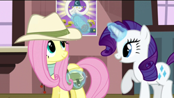 Size: 1920x1080 | Tagged: safe, screencap, fluttershy, rarity, star swirl the bearded, pegasus, pony, unicorn, three's a crowd, bandana, clothes, explorer outfit, fedora, hat, magic, saddle bag