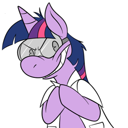 Size: 700x700 | Tagged: safe, artist:karpet-shark, derpibooru import, twilight sparkle, clothes, goggles, grin, lab coat, scientist, solo, twily-daily