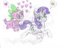 Size: 1632x1255 | Tagged: safe, artist:semijuggalo, rarity, spike, dragon, pony, unicorn, blushing, female, heart, male, mare, prancing, shipping, simple background, smiling, sparity, straight, traditional art, trotting, white background