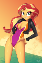 Size: 845x1267 | Tagged: safe, artist:zelc-face, sunset shimmer, equestria girls, absolute cleavage, adorasexy, beach babe, beautiful, breasts, cleavage, clothes, cute, cutie mark swimsuit, female, high-cut clothing, jacket, leather jacket, one-piece swimsuit, purple swimsuit, sexy, shimmerbetes, sideboob, solo, stupid sexy sunset shimmer, sunset, sunset jiggler, swimsuit, tricolor swimsuit, water, zelc-face's swimsuits