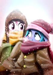 Size: 827x1169 | Tagged: safe, artist:doublewbrothers, princess celestia, princess luna, alicorn, pony, blushing, cewestia, clothes, coat, cute, filly, hat, scarf, smiling, snow, snowfall, winter, woona