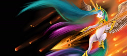 Size: 1800x800 | Tagged: safe, artist:nightshroud, princess celestia, alicorn, pony, badass, solo, spear, warrior celestia