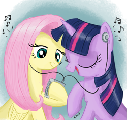 Size: 1059x1000 | Tagged: safe, artist:king-kakapo, derpibooru import, fluttershy, twilight sparkle, unicorn twilight, pegasus, pony, unicorn, duo, earbuds, eyes closed, female, headphones, mare, music notes, open mouth, open smile, smiling, walkman