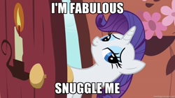 Size: 1280x720 | Tagged: safe, screencap, rarity, pony, unicorn, fabulous, image macro, imma snuggle you, meme, snuggling, solo