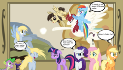 Size: 3598x2067 | Tagged: safe, artist:pyschedelicskooma, applejack, derpy hooves, fluttershy, pinkie pie, rainbow dash, rarity, spike, twilight sparkle, wild fire, oc, oc:fausticorn, worm, mane six, muffin, painting, sibsy, species swap, the creation of adam, when you see it