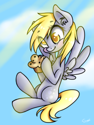 Size: 768x1024 | Tagged: safe, artist:iponylover, derpy hooves, pegasus, pony, female, flying, heart eyes, mare, muffin, solo, wingding eyes