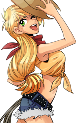 Size: 500x800 | Tagged: safe, artist:bartolomeus_, applejack, human, bandana, clothes, daisy dukes, female, freckles, front knot midriff, hat, humanized, midriff, one eye closed, rope, simple background, solo, white background