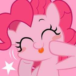 Size: 413x413 | Tagged: safe, artist:momo, pinkie pie, earth pony, pony, :p, blush sticker, blushing, cute, diapinkes, eyes closed, icon, pink background, simple background, solo, stars, tongue out