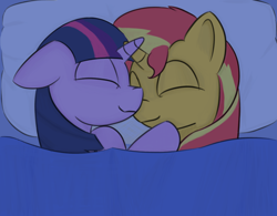 Size: 1600x1250 | Tagged: safe, artist:treekickerdraws, sunset shimmer, twilight sparkle, twilight sparkle (alicorn), alicorn, pony, unicorn, cuddling, cute, eyes closed, female, lesbian, mare, shimmerbetes, shipping, sunsetsparkle, twiabetes