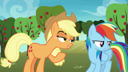 Size: 1920x1080 | Tagged: safe, derpibooru import, screencap, applejack, rainbow dash, earth pony, pegasus, pony, grannies gone wild, apple tree, duo, tree