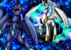 Size: 3507x2480 | Tagged: safe, artist:christallovepkmn, nightmare moon, princess celestia, princess luna, alicorn, pony, fangs, floppy ears, raised hoof, rearing, sharp teeth, spread wings, transformation