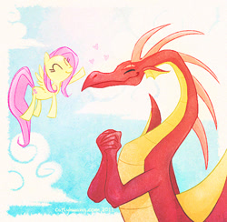 Size: 500x488 | Tagged: safe, artist:shiro, basil, fluttershy, dragon, pegasus, pony, flying, heart