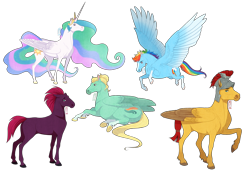 Size: 1280x887 | Tagged: safe, artist:badass-doctor, derpibooru import, flash magnus, princess celestia, rainbow dash, tempest shadow, zephyr breeze, alicorn, pegasus, pony, unicorn, my little pony: the movie, blaze (coat marking), crown, eye scar, female, flying, helmet, hoers, jewelry, male, mare, raised hoof, realistic, realistic anatomy, realistic horse legs, regalia, scar, simple background, socks (coat marking), spread wings, stallion, transparent background, wings