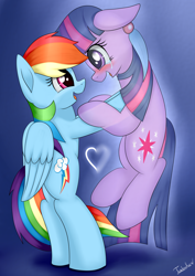 Size: 2480x3507 | Tagged: safe, alternate version, artist:twidasher, derpibooru import, rainbow dash, twilight sparkle, ghost, pegasus, pony, unicorn, blushing, crying, female, heart, lesbian, looking at each other, shipping, twidash