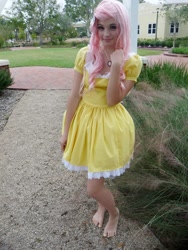 Size: 720x960 | Tagged: safe, artist:terezigrell, fluttershy, human, barefoot, clothes, cosplay, dress, feet, irl, irl human, photo, smiling, solo