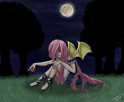 Size: 1153x947 | Tagged: safe, artist:jenyeongi, fluttershy, bat pony, human, bats!, apple, clothes, dress, flutterbat, humanized, light skin, moon, night, race swap, solo, stars, winged humanization