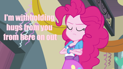 Size: 1280x720 | Tagged: safe, pinkie pie, equestria girls, image macro, meme, no snuggles, pink text, solo