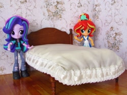 Size: 1600x1200 | Tagged: safe, artist:whatthehell!?, starlight glimmer, sunset shimmer, fish, equestria girls, bed, bedroom, clothes, doll, equestria girls minis, food, irl, photo, quilt, shoes, skirt, sunset sushi, sushi, toy, victorian