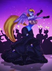 Size: 931x1280 | Tagged: safe, artist:toughset, derpy hooves, oc, oc only, oc:cleverderpy, anthro, pegasus, anthro oc, clothes, corset, dancing, dress, evening gloves, eyes closed, gown, spread wings, the monkey