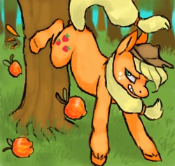 Size: 1280x1210 | Tagged: safe, artist:rinthefatdumbcat, applejack, earth pony, pony, apple, apple tree, applebucking, applejack mid tree-buck facing the right with 3 apples falling down, applejack mid tree-buck with 3 apples falling down, bucking, female, grin, lidded eyes, mare, smiling, solo, tree, unshorn fetlocks