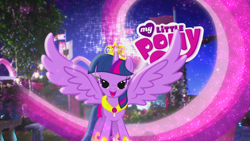 Size: 960x540 | Tagged: safe, derpibooru import, screencap, twilight sparkle, twilight sparkle (alicorn), alicorn, pony, big crown thingy, commercial, element of magic, female, lidded eyes, logo, looking at you, mare, my little pony logo, official, ponies in real life, solo