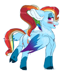 Size: 1280x1280 | Tagged: safe, artist:peep-dis, derpibooru import, rainbow dash, pegasus, pony, alternate design, alternate hairstyle, backwards cutie mark, blushing, colored wings, colored wingtips, female, mare, simple background, smiling, solo, transparent background