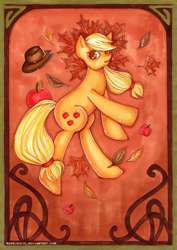 Size: 592x834 | Tagged: safe, artist:madblackie, applejack, earth pony, pony, apple, autumn, bipedal, frame, hat, leaves, solo, traditional art