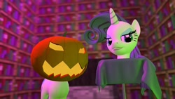 Size: 1366x768 | Tagged: safe, artist:notamotobug, rarity, pony, unicorn, 3d, gmod, halloween, headless, jack-o-lantern, modular, pumpkin, pumpkinhead, solo