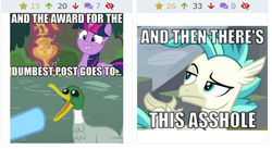 Size: 1010x554 | Tagged: safe, derpibooru import, edit, edited screencap, screencap, rainbow dash, twilight sparkle, duck, mallard, pegasus, pony, surf and/or turf, derpibooru, juxtaposition, juxtaposition win, meme, meta, open beak, vulgar