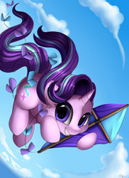 Size: 2550x3509 | Tagged: safe, artist:pridark, starlight glimmer, pony, unicorn, cloud, cute, ear fluff, female, glimmerbetes, high res, kite, mare, sky, smiling, solo, that pony sure does love kites