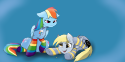 Size: 1366x685 | Tagged: safe, artist:saphi-boo, derpy hooves, rainbow dash, pegasus, pony, clothes, female, footed sleeper, footie pajamas, mare, moonbutt, onesie, rainbow socks, socks, striped socks