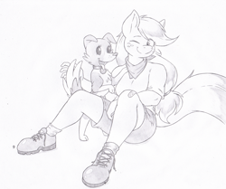 Size: 1146x959 | Tagged: safe, artist:joey darkmeat, applejack, winona, anthro, monochrome, sketch